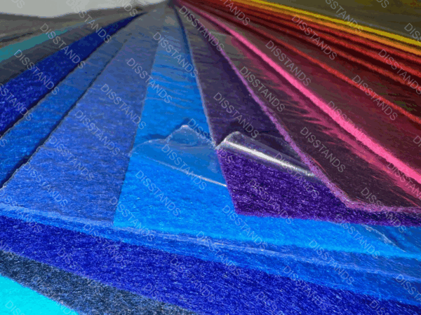 Muestrario abanico de moqueta ferial ecológica con más de 20 colores disponibles incluyendo negro gris beige verde azul rojo amarillo para eventos en Barcelona