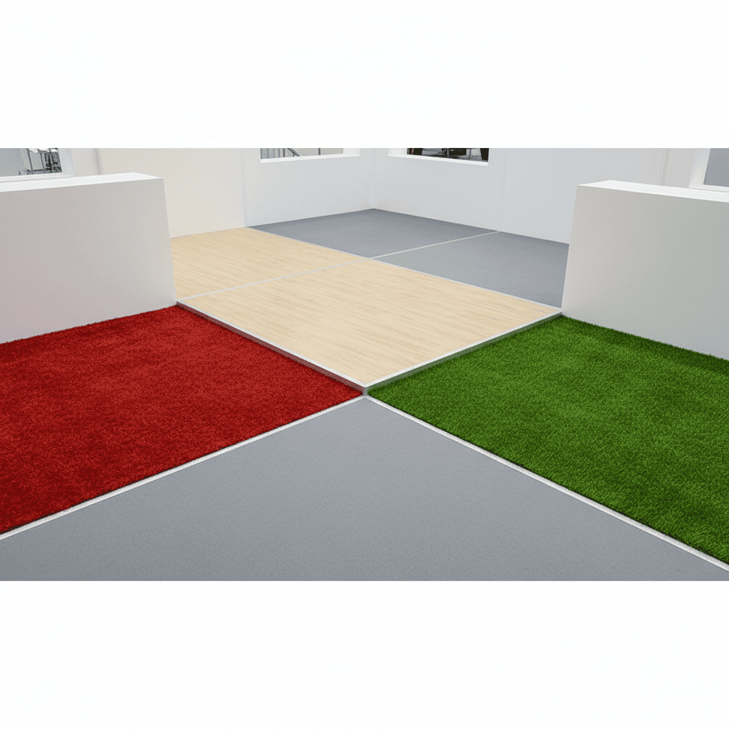 Diferentes tipos de pavimento para stands: moqueta roja, tarima de madera, vinilo gris y césped artificial en un stand de feria