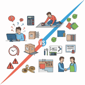 Comparación entre problemas de comprar moquetas online versus contratar especialista profesional - frustración con marketplace frente a servicio experto garantizado