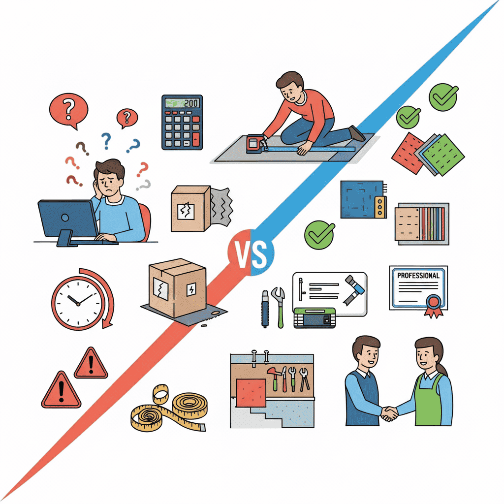 Comparación entre problemas de comprar moquetas online versus contratar especialista profesional - frustración con marketplace frente a servicio experto garantizado