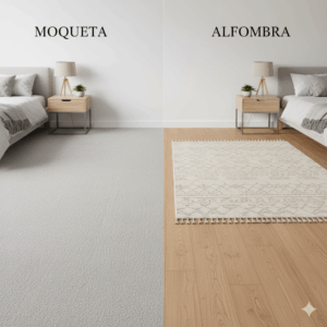 Diferencia entre moqueta y alfombra comparación visual instalación pared a pared versus decorativa móvil