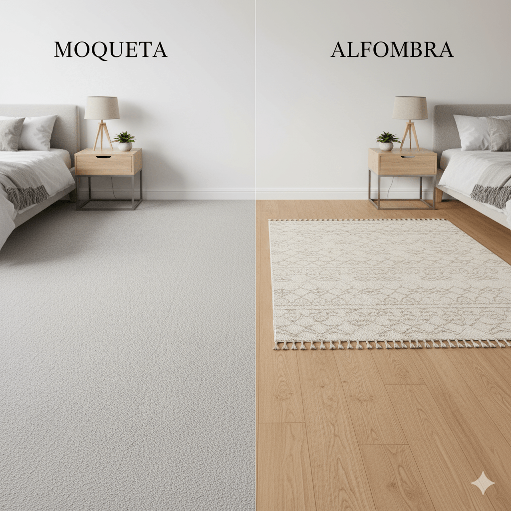 Diferencia entre moqueta y alfombra comparación visual instalación pared a pared versus decorativa móvil